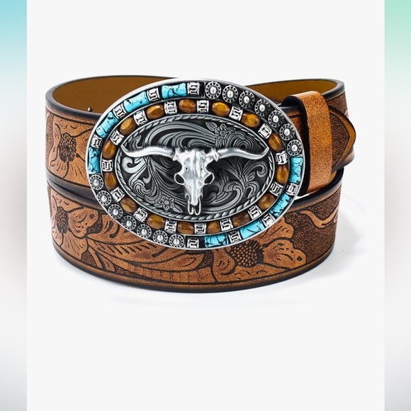 Western cowgirl buckle Leather Belt medium 31” - 35” size - Picture 1 of 5